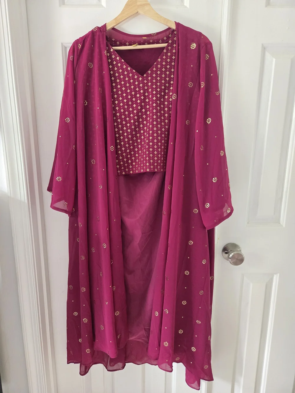 Global Desi Magenta Embellished Open-Front Cape and Dress Lengha Set